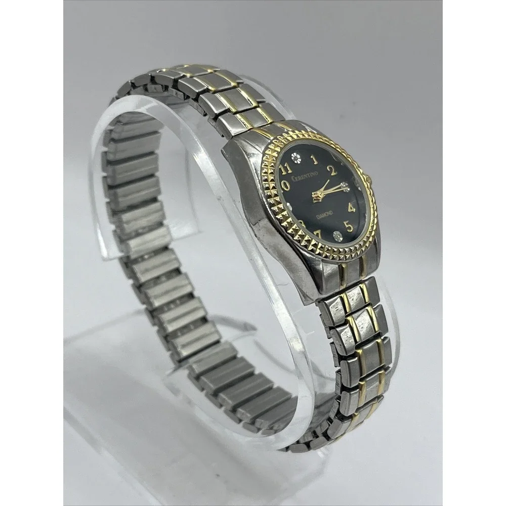 Cerentino Diamond Woman's Quartz Watch Two Tone, Black Dial-‎ New Battery